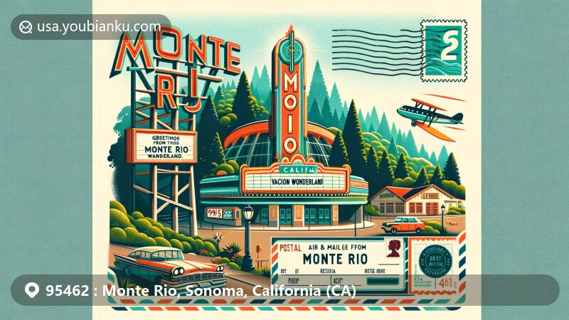Modern illustration of Monte Rio, California, in ZIP code 95462, blending local charm with postal themes, featuring neon sign, Monte Rio Amphitheater, and redwood forests.