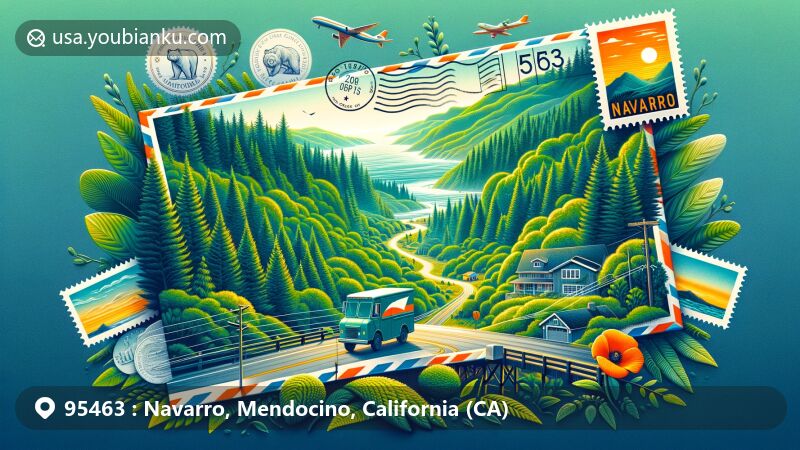Modern illustration of Navarro, Mendocino County, California, featuring lush greenery and the Pacific Ocean, with postal envelope foreground showcasing ZIP code 95463, including rolling hills, forests, and coastal scenery symbolizing the area's natural beauty.