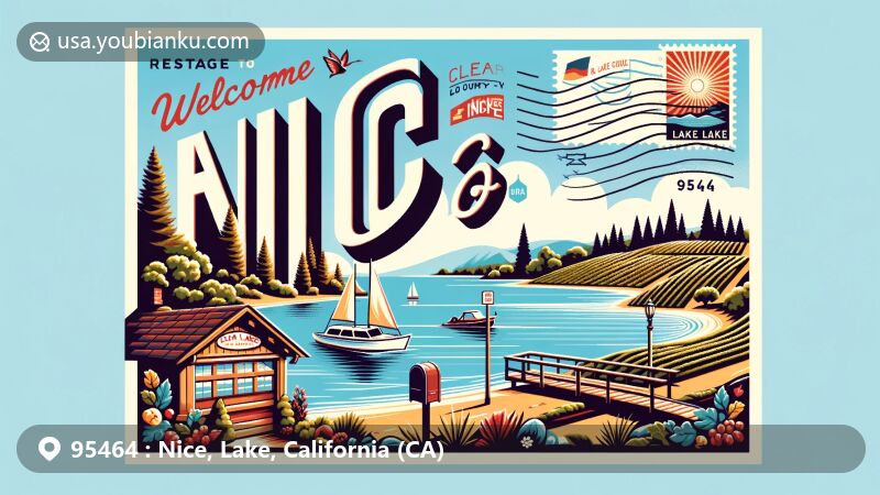 Modern illustration showcasing Nice, Lake County, California, with Clear Lake, vineyards, and natural scenery, featuring postal theme with ZIP code 95464 and California state flag.