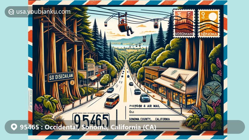 Modern illustration of Occidental, Sonoma County, California, featuring iconic redwoods, Sonoma Zipline Adventures, Bohemian Highway, postal elements, and charming downtown, capturing the town's bohemian vibe.