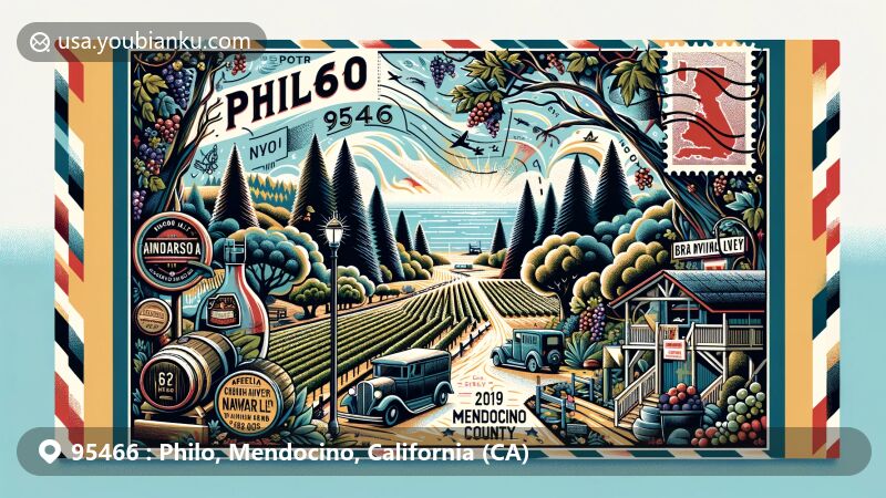 Modern illustration of Philo, Mendocino County, California, showcasing postal theme with ZIP code 95466, featuring Anderson Valley wine region, Navarro Vineyards, The Brambles redwood forest, and Mendocino County symbols.