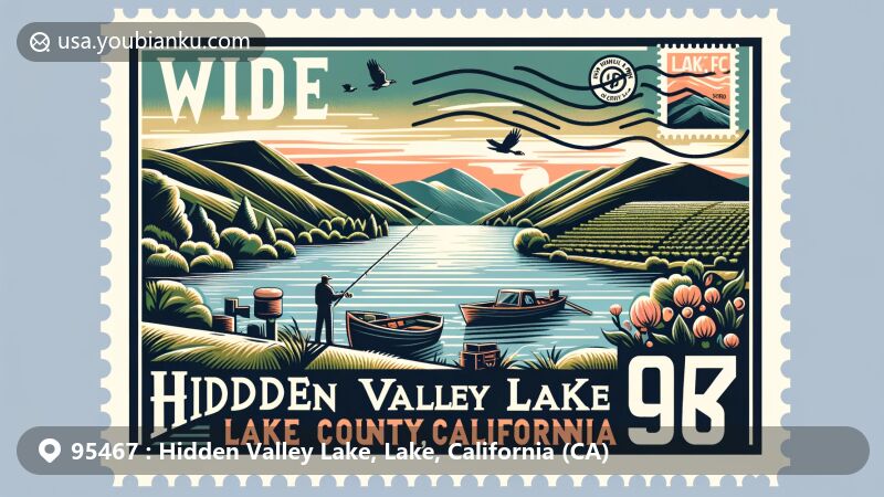 Modern illustration of Hidden Valley Lake, Lake County, California, capturing its peaceful rural essence and postal theme with ZIP code 95467, showcasing activities like fishing and winery visits.