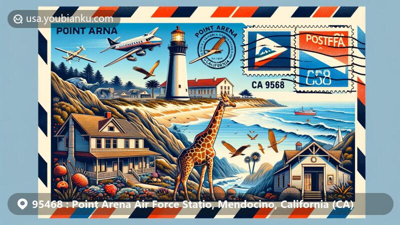 Modern illustration of Point Arena, Mendocino County, California, featuring ZIP code 95468 with airmail envelope frame, showcasing Point Arena Lighthouse, rugged coastline, B. Bryan Preserve giraffes, and California state flag.