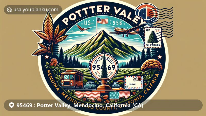 Modern illustration of Potter Valley, Mendocino County, California, featuring Sanhedrin Mountain and California state symbols, with vintage airmail envelope and postal elements for ZIP code 95469.