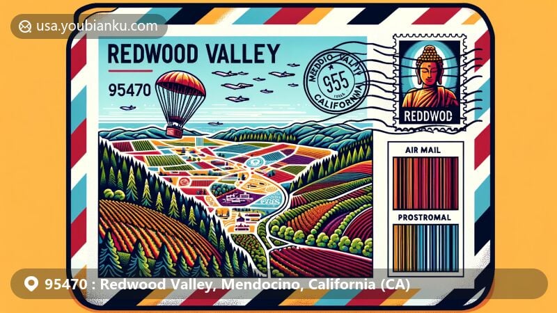 Creative wide-format illustration of Redwood Valley, Mendocino County, California, styled as an air mail envelope, showcasing landmarks like Abhayagiri Buddhist Monastery, vineyards, and natural beauty with redwood trees.