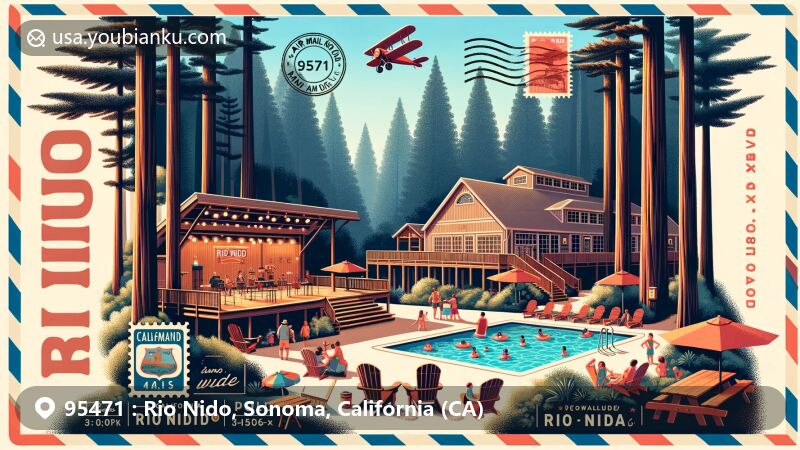 Modern illustration of Rio Nido, California, nestled in dense redwood forests, showcasing Rio Nido Roadhouse with outdoor stage and Adirondack chairs, community pool, vintage air mail envelope elements, including stamp, postal markings, and ZIP Code 95471.