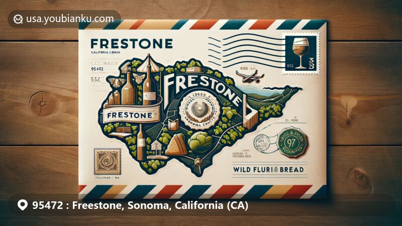 Modern illustration of Freestone, Sonoma, California, showcasing postal theme with ZIP code 95472, featuring local vineyards and Wild Flour Bread, accompanied by vintage postmark symbolizing Sonoma County's history.
