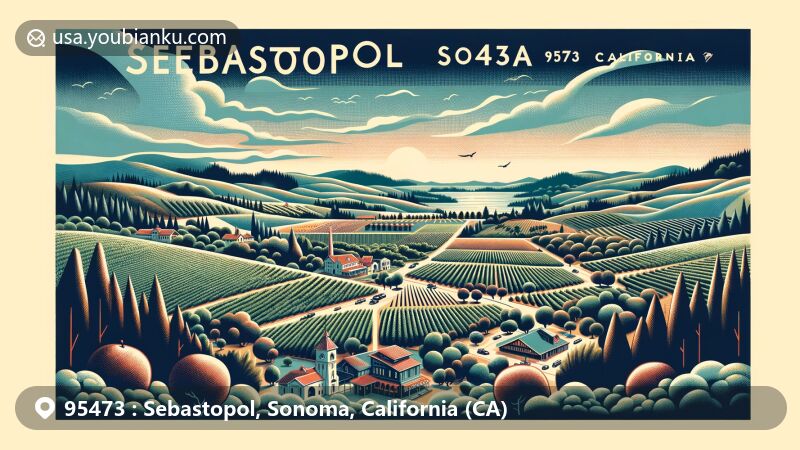 Modern illustration of Sebastopol, Sonoma, California, showcasing vineyards, apple orchards, Laguna de Santa Rosa, and The Barlow. Includes a nod to Luther Burbank Experiment Farm and scenic Northern California landscape.