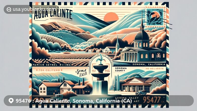 Modern illustration of Agua Caliente, Sonoma, California, representing ZIP code 95476, featuring Fetters Hot Springs, Vallejo Estate, and Sonoma Valley Museum of Art, with a postal theme and lush Sonoma County landscapes.
