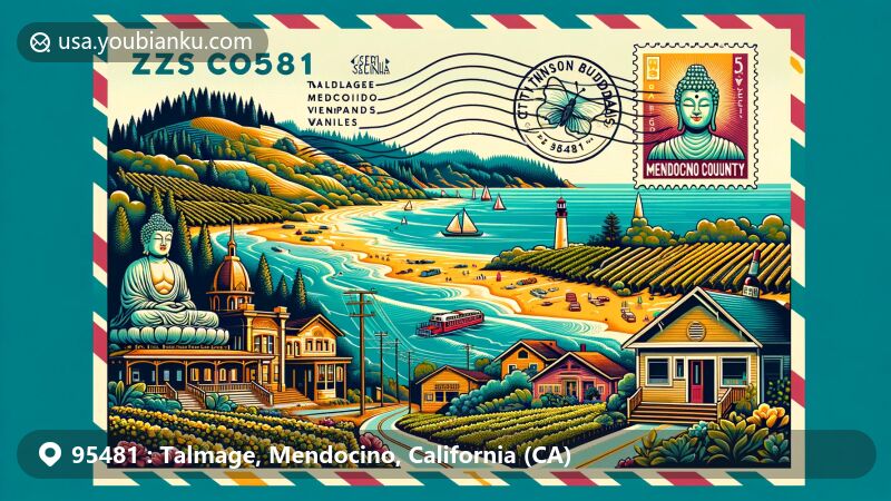 Modern illustration of Talmage, Mendocino County, California, encapsulating postal theme with ZIP code 95481, featuring The City of Ten Thousand Buddhas, Seebass Vineyards, coastal shorelines, and scenic views.