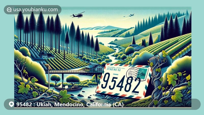 Modern illustration of Ukiah, Mendocino, California, capturing the essence of the area's cultural and natural heritage, featuring redwoods, Lake Mendocino, City of Ten Thousand Buddhas, vineyards, and postal theme with ZIP code 95482.