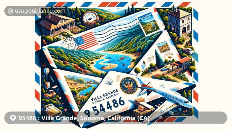 Creative wide-format illustration of Villa Grande, Sonoma County, California, showcasing air mail envelope with postal theme and ZIP code 95486, featuring Russian River, outdoor activities, California state flag, and tranquil natural environment.