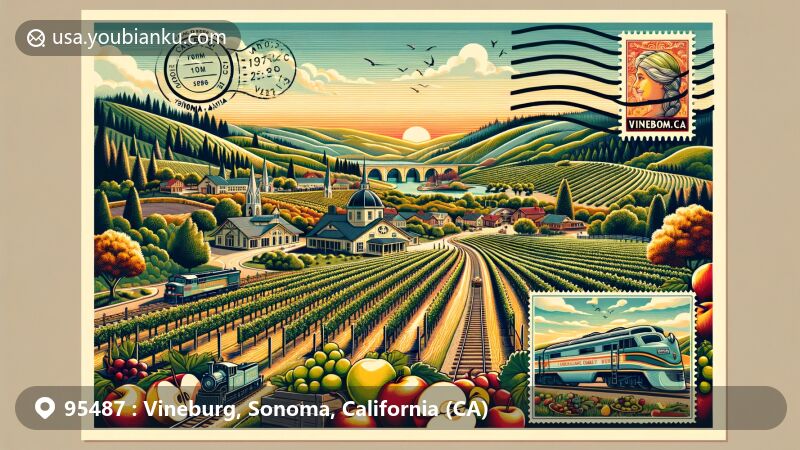 Modern illustration of Vineburg, Sonoma County, California, capturing charm as a wine country with vineyards, wineries, and history as a railroad stop and agricultural center. Background showcases Sonoma Valley's picturesque landscape and a vibrant sunset.
