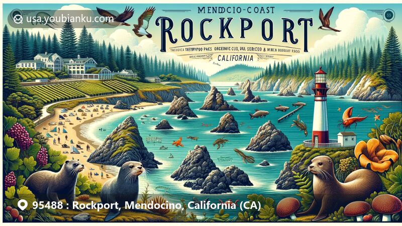 Modern illustration of Rockport, Mendocino County, California, highlighting Mendocino coast's rugged cliffs and Point Arena Lighthouse, with marine life like otters and seals. Includes redwoods, pygmy forests, vineyard, and postal theme with Temple of Kwan Tai stamp.