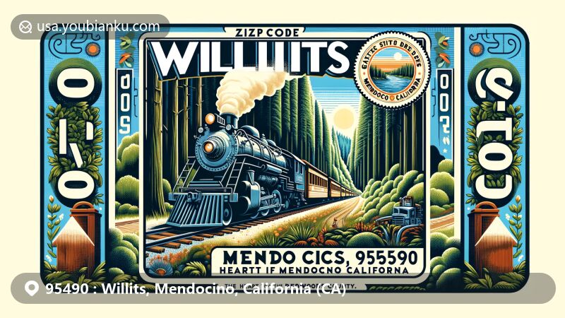 Illustration of Willits, Mendocino, California, featuring the Skunk Train emerging from lush redwoods, symbolizing the 'Gateway to the Redwoods', with vintage postcard layout showcasing 'Willits, CA 95490' and a stylized postal stamp.