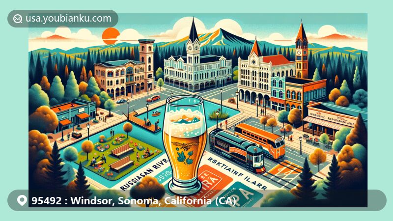 Modern illustration of Windsor, Sonoma County, California, with ZIP code 95492, showcasing natural beauty, community vibe, local brewing culture, and outdoor lifestyle, featuring Windsor Town Green, Victorian buildings, Russian River Brewing Company, Foothill Regional Park, Shiloh Ranch Regional Park, Riverfront Regional Park, downtown scene, and postal theme with Windsor Golf Club stamp and mailbox.