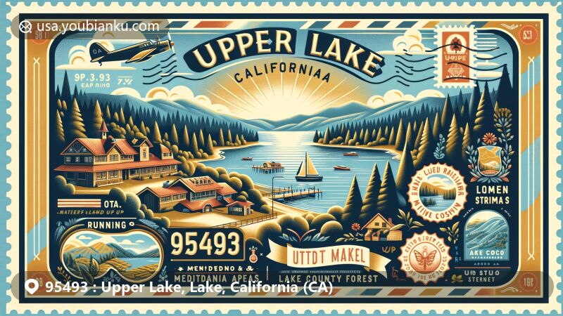 Modern illustration of Upper Lake, California, featuring postal theme with ZIP code 95493, showcasing scenic beauty, Running Creek Casino, Lake County Wine Studio, and Mendocino National Forest.