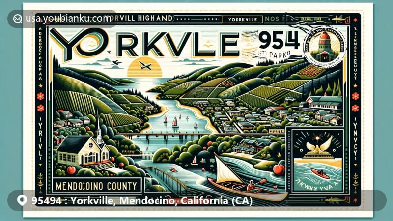 Modern wide-format illustration of Yorkville, Mendocino County, California, capturing the essence of the region with Yorkville Highlands AVA, Van Damme State Park, Temple of Kwan Tai, and vintage postal elements.