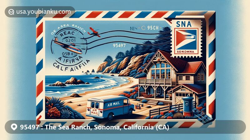 Modern illustration of The Sea Ranch, Sonoma, CA, showcasing coastal beauty and architectural style, featuring the iconic timber-frame house and rocky shores beside the ocean.
