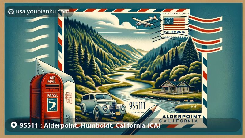 Modern illustration of Alderpoint, California, in Humboldt County, featuring lush forests, rolling hills, winding rivers, and a vintage airmail envelope with a postcard displaying the picturesque landscape and ZIP Code 95511.