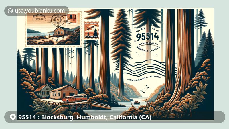 Modern illustration of Blocksburg, Humboldt County, California, featuring ZIP code 95514 and showcasing the natural beauty of Northern California's Redwood Coast with towering redwoods and outdoor-centric lifestyle.