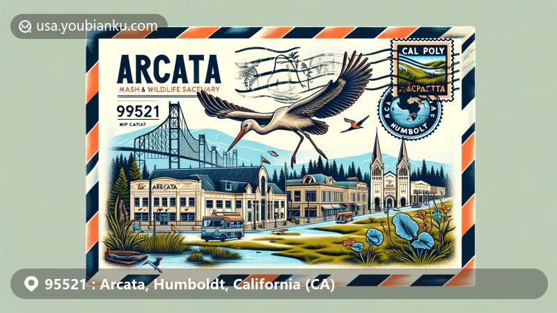 Modern illustration of Arcata, California, in Humboldt County, featuring ZIP code 95521, showcasing local landmarks like Arcata Marsh & Wildlife Sanctuary, Cal Poly Humboldt, and Arcata Plaza against a vintage airmail envelope backdrop with postal elements and nods to local wildlife.