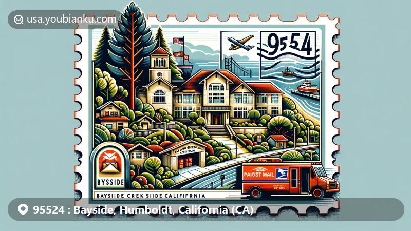 Colorful and modern illustration of Bayside, Humboldt County, California, featuring redwood forests, Jacoby Creek School, postal theme with ZIP code 95524, California state flag, and Ewam Kusum Ling.