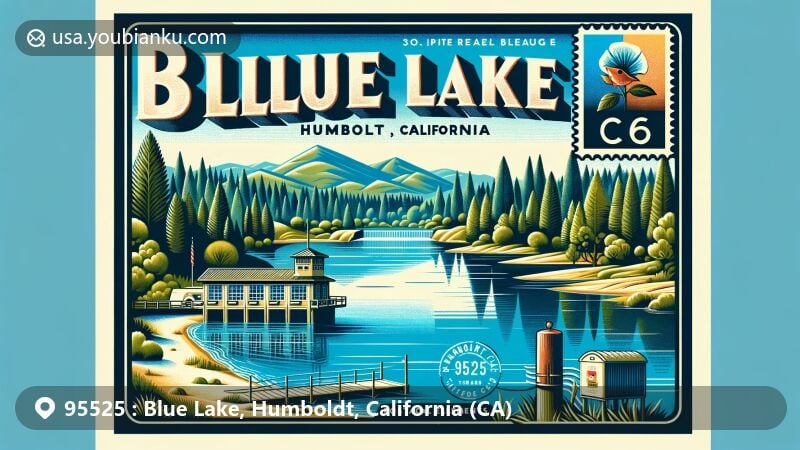 Modern illustration of Blue Lake, Humboldt, California, blending natural beauty with postal theme, showcasing Mad River and Fish Hatchery, Humboldt forests, and vintage postcard elements with ZIP code 95525.