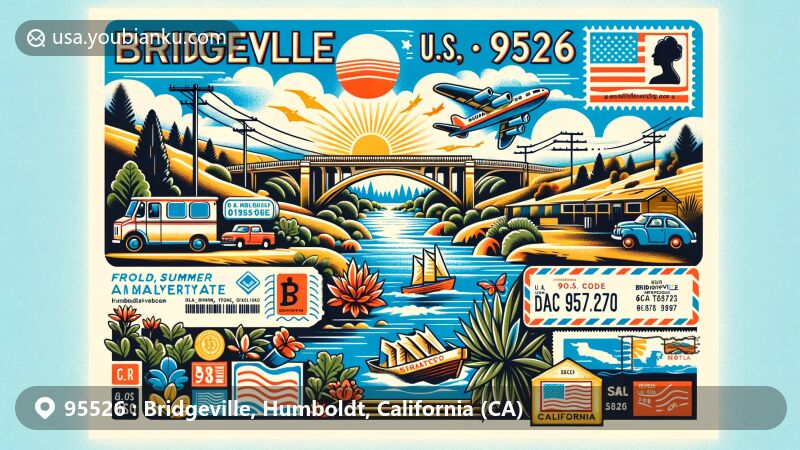 Modern illustration of Bridgeville, Humboldt County, California, featuring Van Duzen River, Mediterranean climate, eBay auction history, vintage air mail elements, and California state flag with ZIP Code 95526.