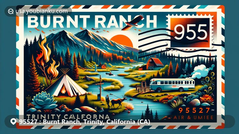Modern illustration of Burnt Ranch, California, Trinity County, depicting ZIP code 95527, with a postcard theme showcasing natural landscapes, outdoor activities, and tranquil Trinity River.