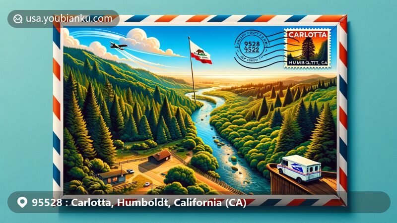 Modern illustration of Carlotta, Humboldt, California, showcasing natural beauty with old-growth redwoods, Van Duzen River, and Van Duzen County Park.