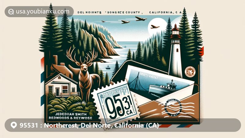 Modern illustration of Northcrest, Del Norte County, California, featuring the Jedediah Smith Redwoods State Park backdrop with an air mail envelope and postcard showcasing the Battery Point Lighthouse & St. George Reef Lighthouse. Includes a postage stamp of the Trees of Mystery Sky Trail, '95531 Northcrest, CA' postal mark, and a silhouette of a Roosevelt Elk.