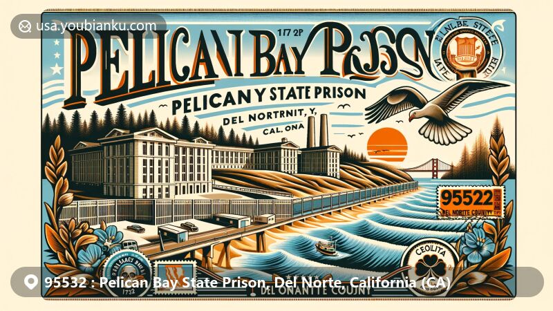 Modern illustration of Pelican Bay State Prison in Del Norte County, California, styled as a vintage postcard, juxtaposing the prison's imposing structure with the natural beauty of the North Coast. Features the prison's name, ZIP code 95532, and a stylized California state flag.