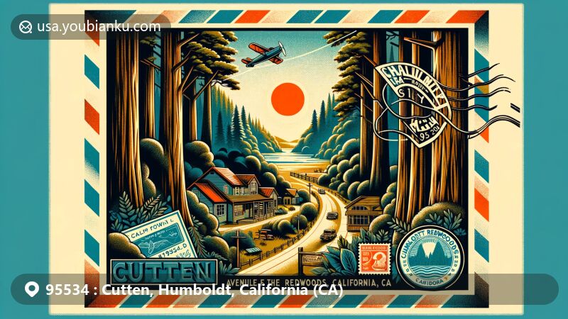 Modern illustration of Cutten, Humboldt County, California, showcasing iconic redwood trees and Humboldt County's natural beauty, with a postal theme highlighting Avenue of the Giants and Humboldt Redwoods State Park.