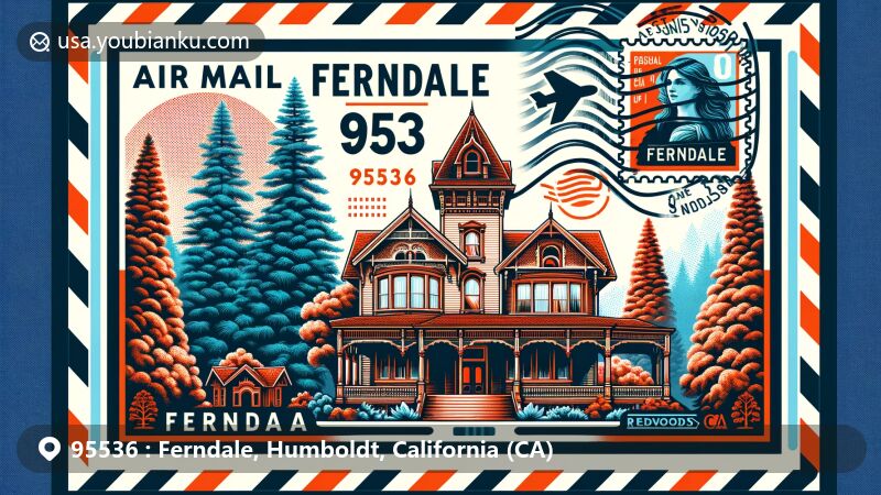 Charming illustration of Ferndale, California, blending Victorian architecture, towering redwoods, and postal elements, symbolizing proximity to Redwoods National Park.