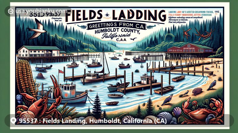 Modern illustration of Fields Landing, Humboldt County, California, featuring maritime and timber history with Humboldt Bay, Fields Landing Boat Yard, redwoods, Douglas firs, fishing industry symbols, ZIP code 95537, and 'Greetings from Fields Landing, Humboldt County, CA.'