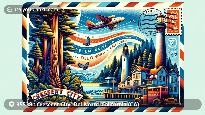 Modern illustration of Crescent City and Del Norte County, California, representing U.S. postal code 95538 with a vibrant airmail envelope. Left side features Redwood trees from Redwood National Park and Battery Point Lighthouse, symbolizing natural beauty and maritime heritage. Right side showcases postal elements with a postmark and old-fashioned mail truck, blending geographical and postal themes.