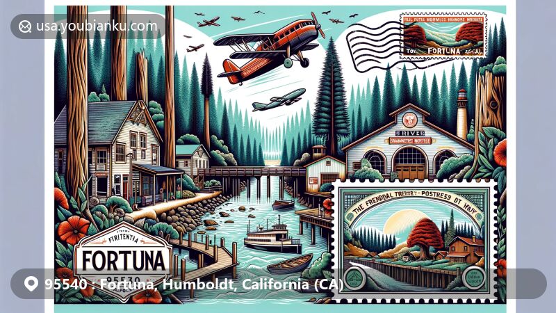 Modern illustration of Fortuna, Humboldt County, California, showcasing postal theme with ZIP code 95540, featuring Eel River, old-growth redwoods, Fortuna Depot Museum, and vintage air mail elements.