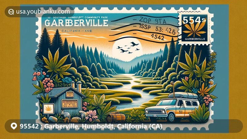 Modern illustration of Garberville, California area, embracing Southern Humboldt Community Park's scenic beauty with Eel River, redwoods, and subtle nods to cannabis culture and postal motifs.