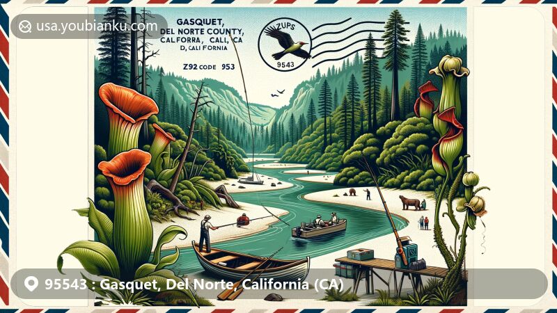 Modern illustration of Gasquet, Del Norte County, California, with ZIP code 95543, featuring Smith River, Coast Redwoods, California pitcher plant, local fishing culture, river activities, campgrounds, and Del Norte County landscape.