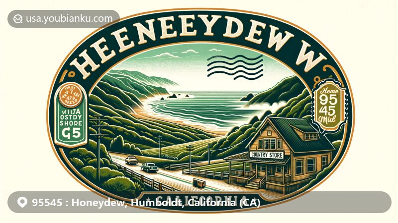 Modern illustration of Honeydew, Humboldt County, California, featuring scenic view of the Pacific Ocean, fog rolling in, and the Honeydew Country Store.
