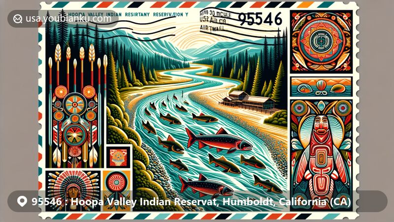 Modern illustration of Hoopa Valley Indian Reservation, Humboldt County, California, featuring Trinity River, traditional Hupa artwork, iconic wildlife, and Hoopa Tribal Museum.