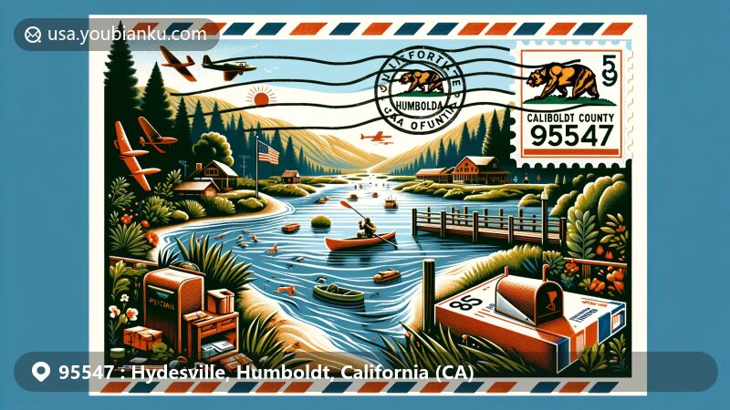 Modern illustration of Hydesville, California, featuring a postal-themed frame with California state flag, Humboldt County outline, and scenic landmarks. Highlights fishing, kayaking, and hiking along the Mad River.