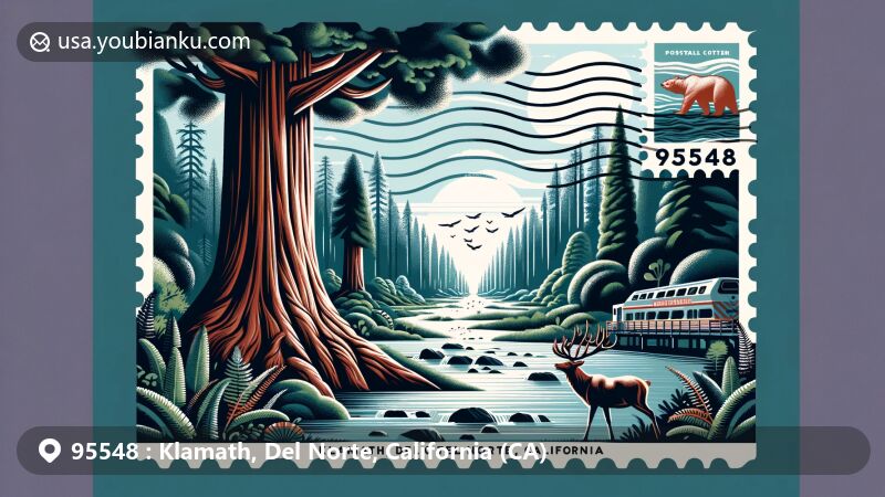 Modern illustration of Klamath, Del Norte, California, showcasing postal theme with ZIP code 95548, featuring Tour-Through Tree, Fern Canyon, Roosevelt Elk, Klamath River, and Yurok tribe culture.