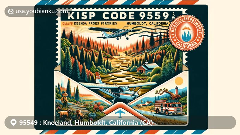 Modern illustration of Kneeland, Humboldt County, California, featuring vintage airmail envelope with vibrant forest and prairie scenery, highlighting Kneeland Airport, Volunteer Fire Department in action, and California state symbols.