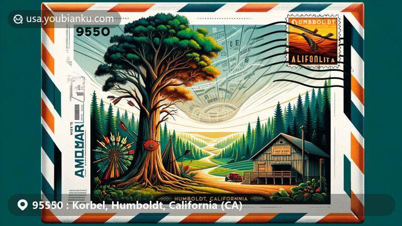 Modern illustration of Korbel, Humboldt County, California, depicting a creative air mail envelope with Indian Arrow Tree, lush greenery, California state flag, and ZIP code 95550, symbolizing Korbel's history and natural beauty.