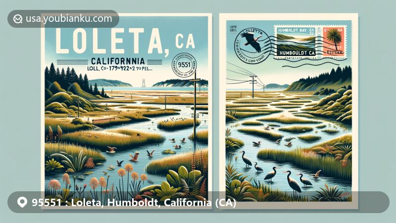 Modern illustration of Loleta, California, highlighting Humboldt Bay National Wildlife Refuge and Eel River Wildlife Area, with wetlands, wildlife, and California coastline, embodying 95551 area essence.