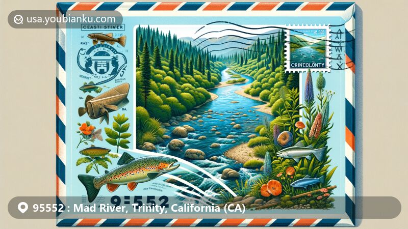 Modern illustration of Mad River area, Trinity County, California, featuring ZIP code 95552, showcasing lush natural landscape with Mad River, coastal cutthroat trout, rainbow trout, Sacramento sucker, Mad River fleabane, vintage air mail envelope, and stylized postal stamp of Ruth Lake.