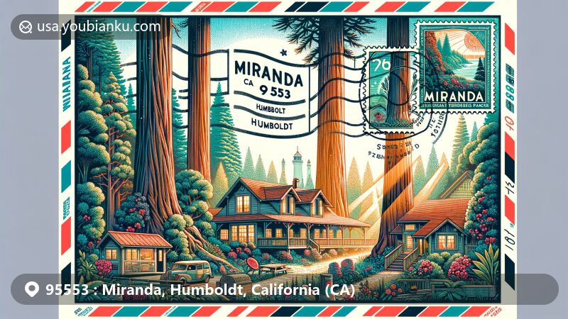 Modern illustration of Miranda, Humboldt County, California, featuring close connection between Miranda and Humboldt Redwoods State Park, serene views of Miranda Gardens Resort, creatively designed within an airmail envelope merging modern and natural elements. Prominent towering redwoods capture their majestic and inspiring presence. Among these giant trees, cozy and inviting cottages of Miranda Gardens Resort are depicted, surrounded by blooming gardens and sunlight filtering through the trees. Envelope border integrates postal heritage elements such as retro stamps featuring redwoods, a postal mark with 'Miranda, CA 95553,' and subtle patterns of the California state flag. Overall style is contemporary illustration, vibrant and eye-catching, suitable for showcasing as a webpage feature, balancing artistic creativity with recognizable landmarks, immediately connecting viewers with the unique charm and natural beauty of Miranda. This warm and engaging image evokes a desire to explore the wonders of Miranda and its surrounding redwoods, bringing a sense of wonder and tranquility.
