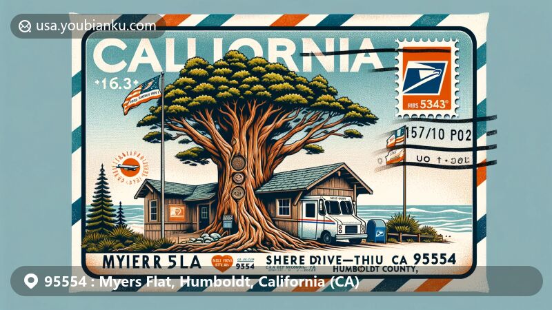 Modern illustration of Shrine Drive-Thru Tree in Myers Flat, Humboldt County, California, featuring postal theme with ZIP code 95554 and California state symbols.